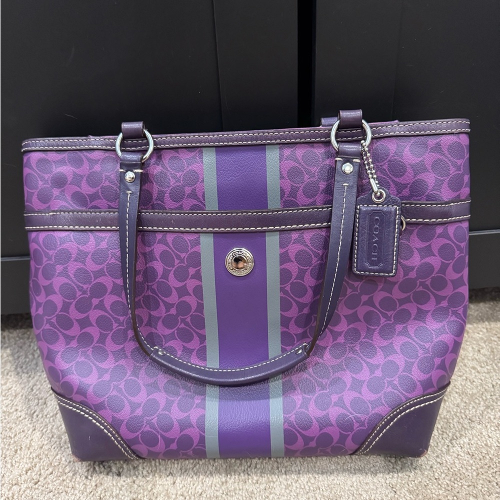 Coach Purple Structured Tote with Monogram Pattern